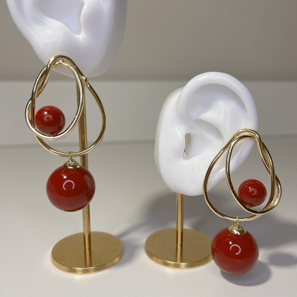 Earrings large Red Bead Drop Gold Tone | New